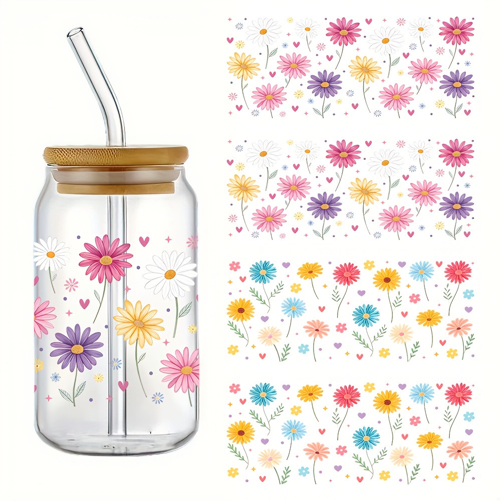TEMU 4pcs Set Of Theme Design Uv Dtf Cup Wrap, Waterproof Self-adhesive Suitable For Mugs And Water Bottles, Dtf Transfer Suitable For 16-ounce Glass