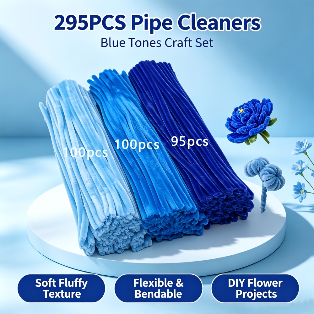 295pcs Blue Chenille Stem Craft Kit | Yellow, Brown, Green, Pink, Red, And Sunflower-colored Thickened Fluffy Stems, Suitable For Flower Arranging, Graduation, And Wedding Gift Making
