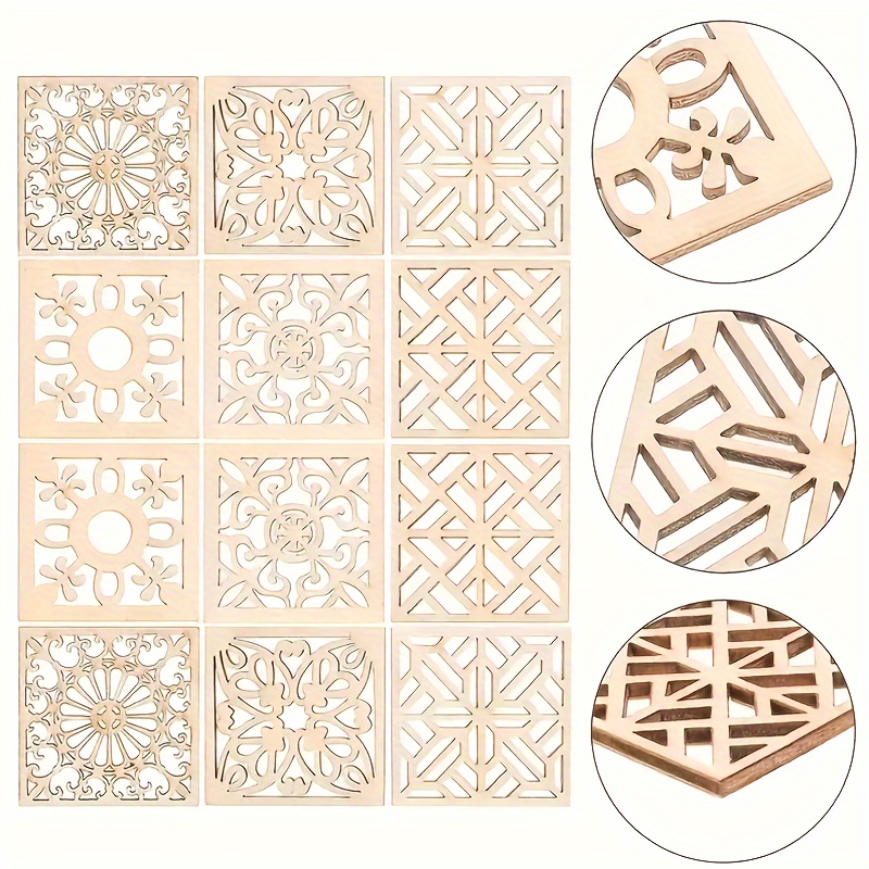 

20pcs Wooden Hollow Square Wood Chips, Flower Pattern Diy Painting Graffiti Decorative Pendants, Wooden Shape Crafts Holiday Party Decoration