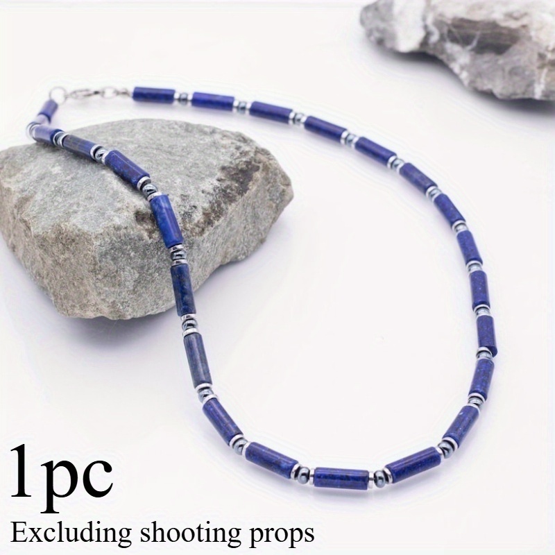 TEMU Simple Classic Men's And Women's Wear Natural Stone Beaded Lapis High Quality Men's Necklace