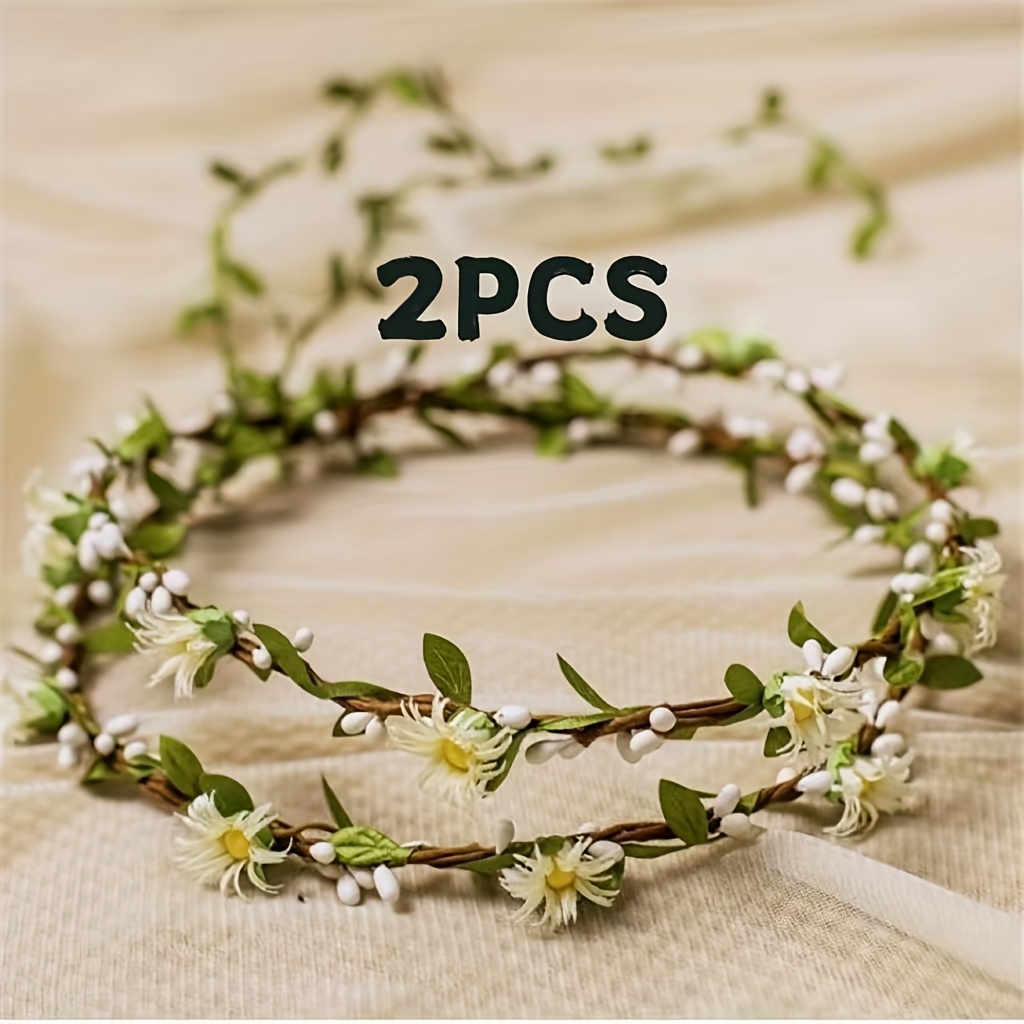 Image of 2pcs Daisy Double Layer Rattan Hair Accessories, Suitable For Bridal Headpiece Wreath, Festival Party Vacation Photo Props