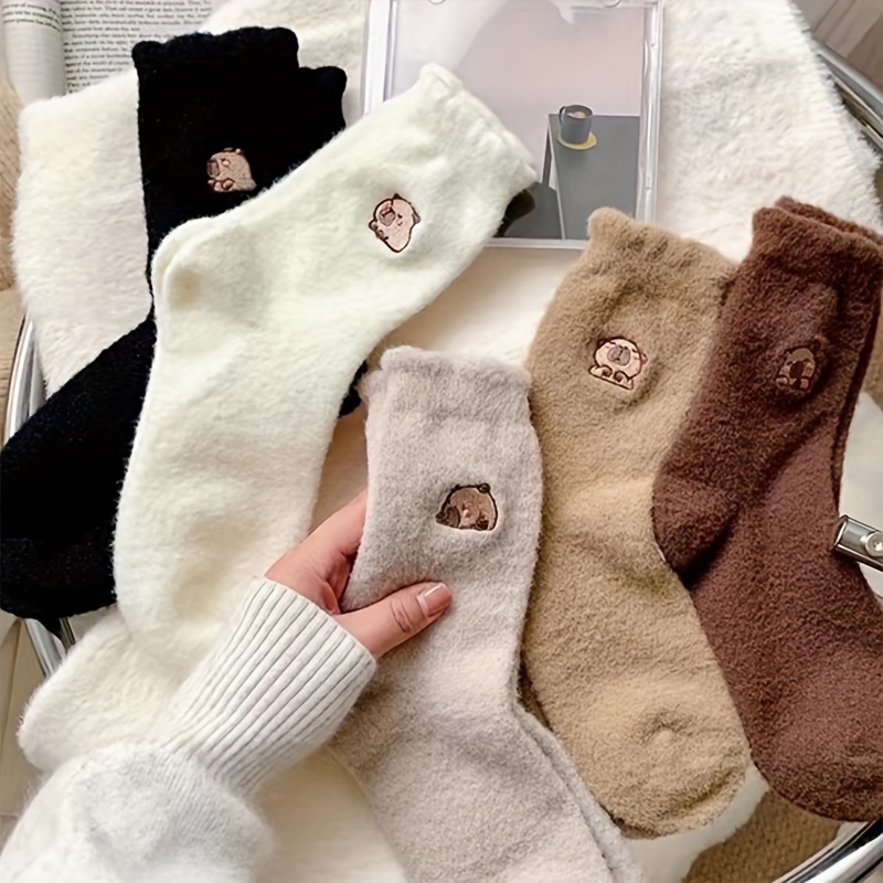 

5 Pairs Capybara Embroidered Socks, Fuzzy Warm Cute Floor Slipper Socks For Fall & Winter, Women's Stockings & Hosiery