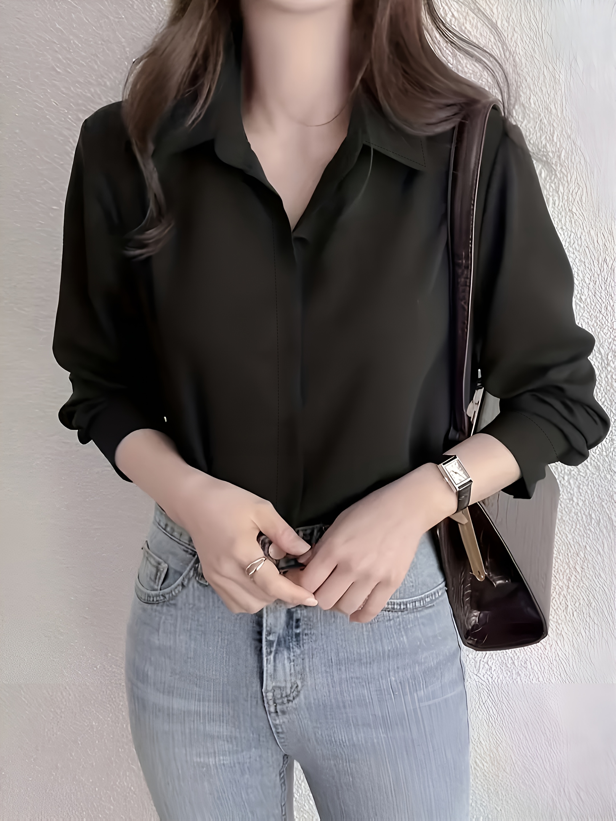 Women's Elegant Long Sleeve Button-Up Shirt Classic Pointed Collar  Semi-Sheer Blouse, Solid Black Office Casual Top for Spring Summer Fall