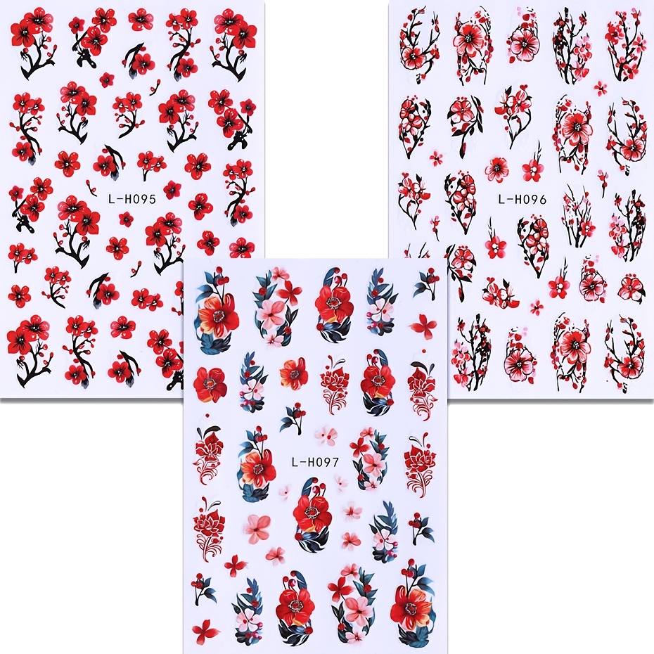 3pcs Red Spring Flower Nail Stickers L-h095-097