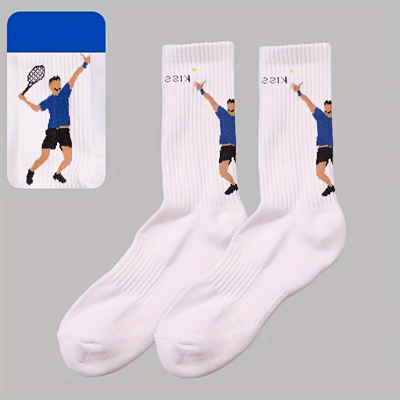 TEMU Men's Tennis Socks - 1/2 Pair - Printed Athletic Socks - Cotton Blend - Hand Wash Only - Knit Fabric - Cartoon Design - Suitable For All - European/