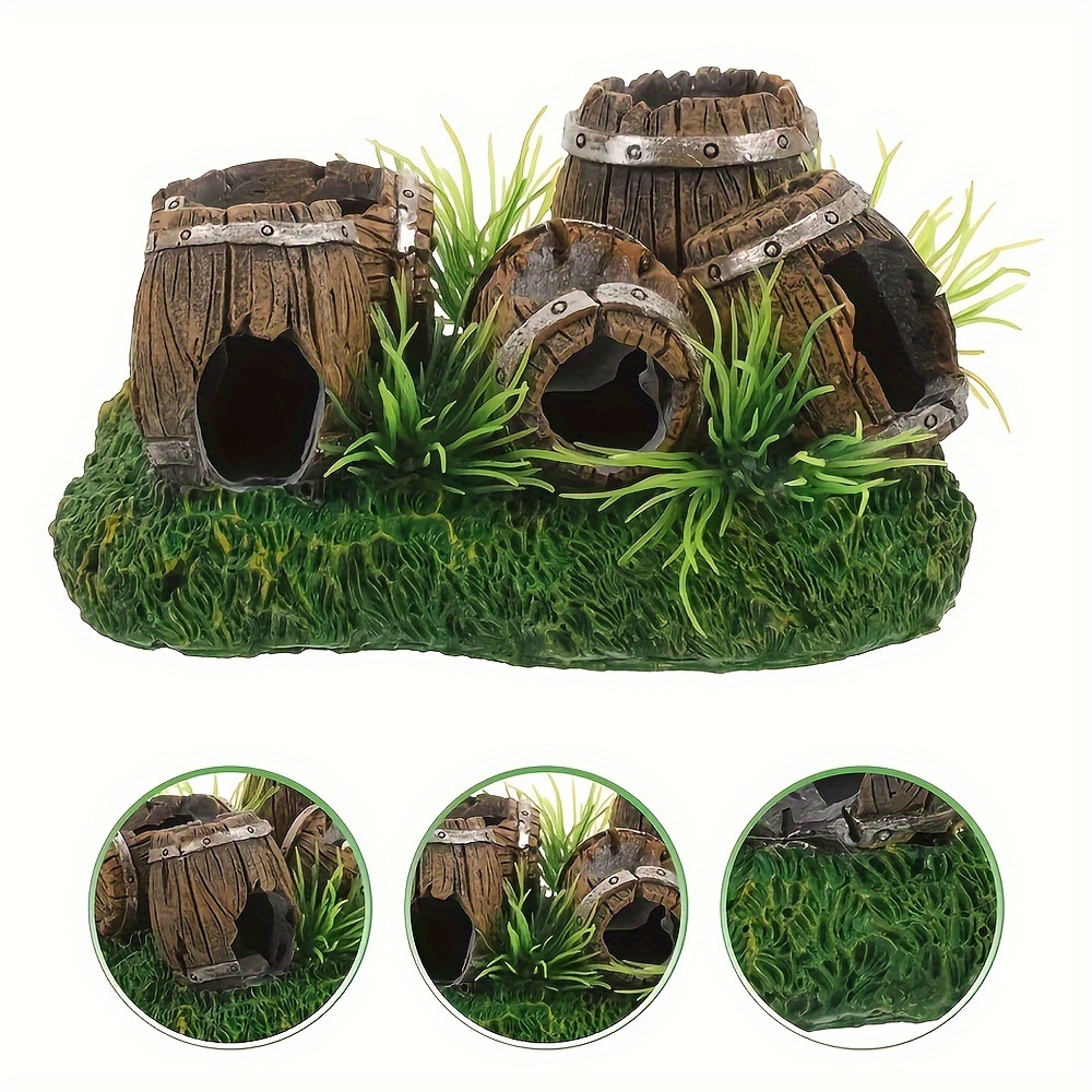 

Aquatic Haven Resin Barrel Hideaway With Lifelike Grass - Abs Pet For Aquariums, Fish Decor Set