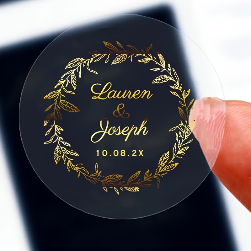 

Custom Golden Floral Round Wedding Stickers, Polyethylene Terephthalate Self-adhesive Labels For Party Favor, Glass Surface Compatible, , With Glitter Embellishment - Pack Of 50