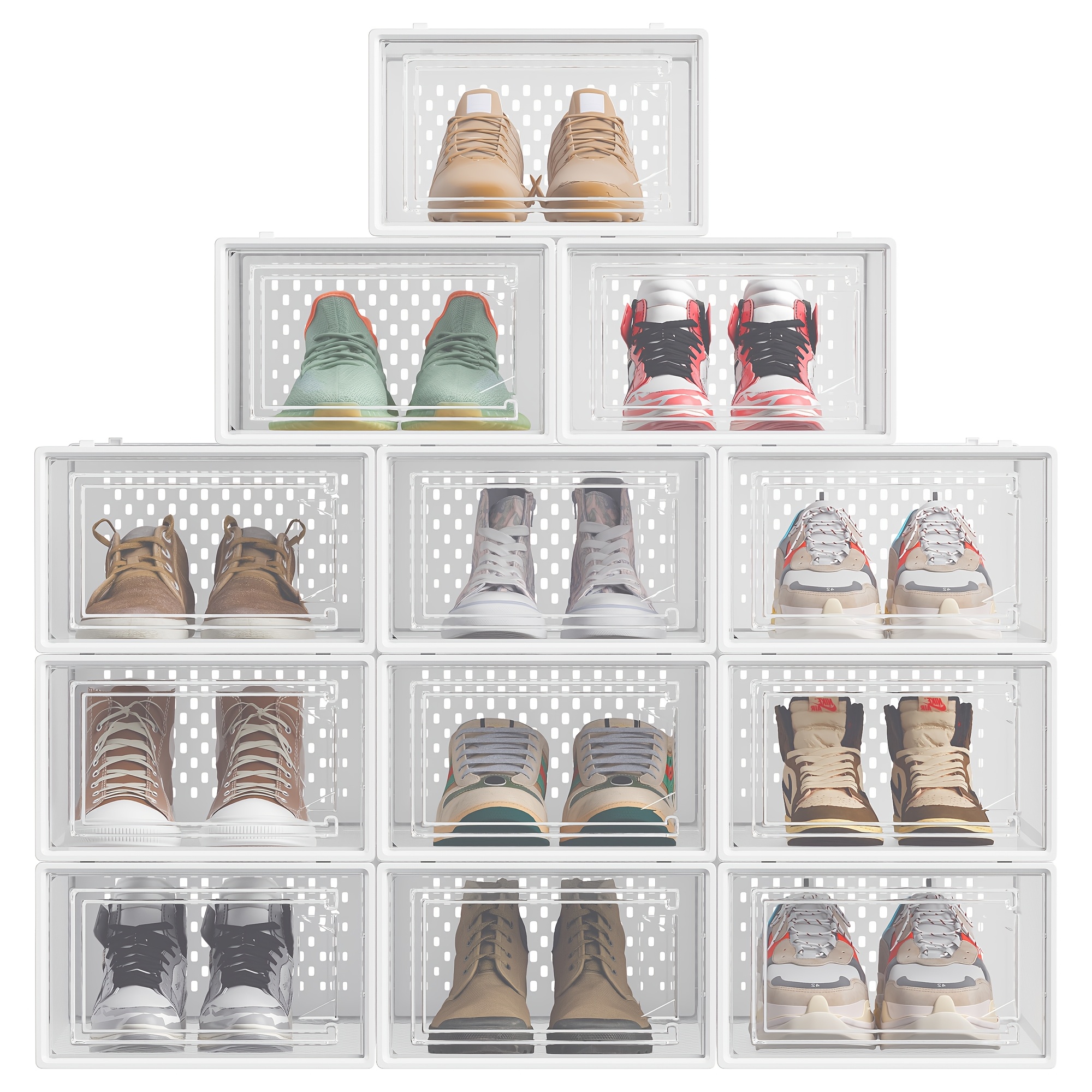 TEMU Juego de 8/12 Organizadores de Zapatos Apilables, Cajas de Almacenamiento Plegables para Zapatillas, Transparentes y Blancos, 33.3 .1 X 14.3 Cm