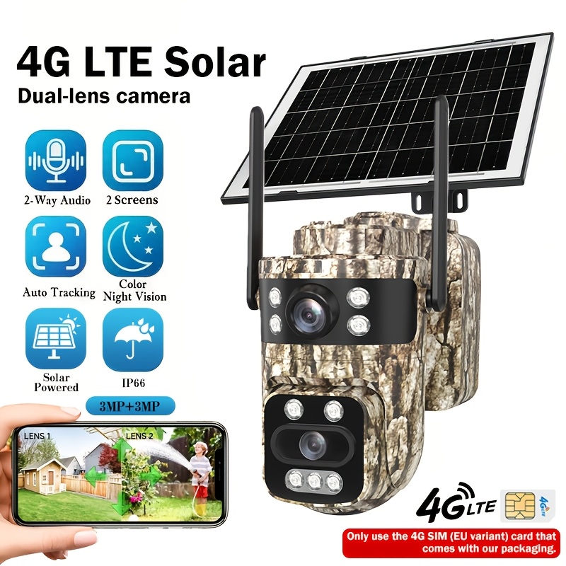 360-Degree Low-Power Solar Security Camera, 4G LTE Surveillance Camera - No WIFI Needed, Comes with a 4G SIM Card, 3MP QHD Dual-Lens View, Automatic Tracking And Message Push Features, Remote Monitoring Via Mobile Phone, Color Night Vision