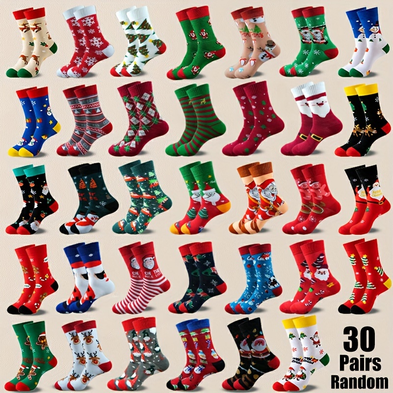 

30pcs Christmas Socks - Festive Santa, Reindeer, Tree & Snowflake Designs | Cozy Polyester | Gift For Family & Friends