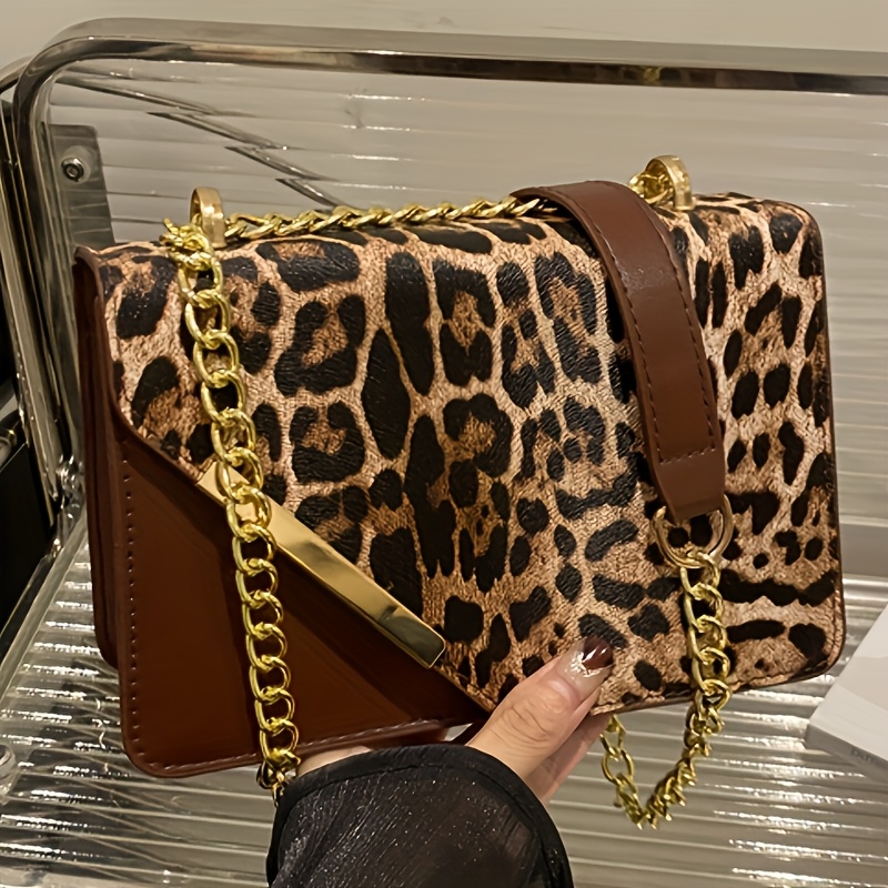 TEMU Leopard Print Spliced Printed Women's Crossbody Bag, Multi-compartment Women's Shoulder Bag, Magnetic Closure, Crossbody Bag With Fixed Shoulder
