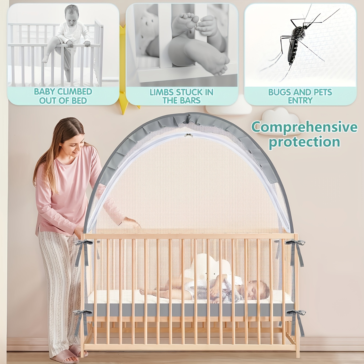 Crib Canopy - Netting to Prevent from Climbing Out - Sturdy And Breathable Pop-Up Tent for Cribs, Safety Cover