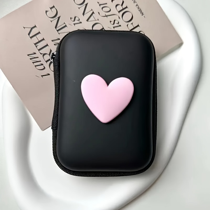 Faux Leather Heart-shaped Earphone And Charger Storage With Zipper Closure - Anti-fall Design, Cable Organizer, No Battery Required