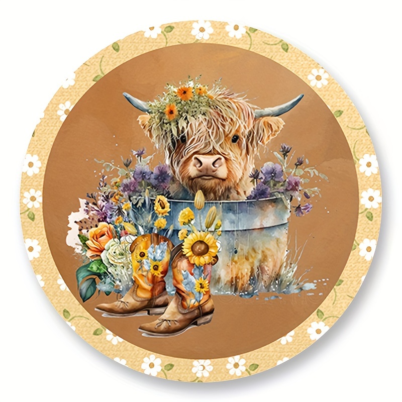

1pc 8x8inch Aluminum Metal Sign Highland Cow In Planter Wreath Sign, Metal Wreath Sign, Signs For Wreaths, Round Wreath Sign, Sign Creations