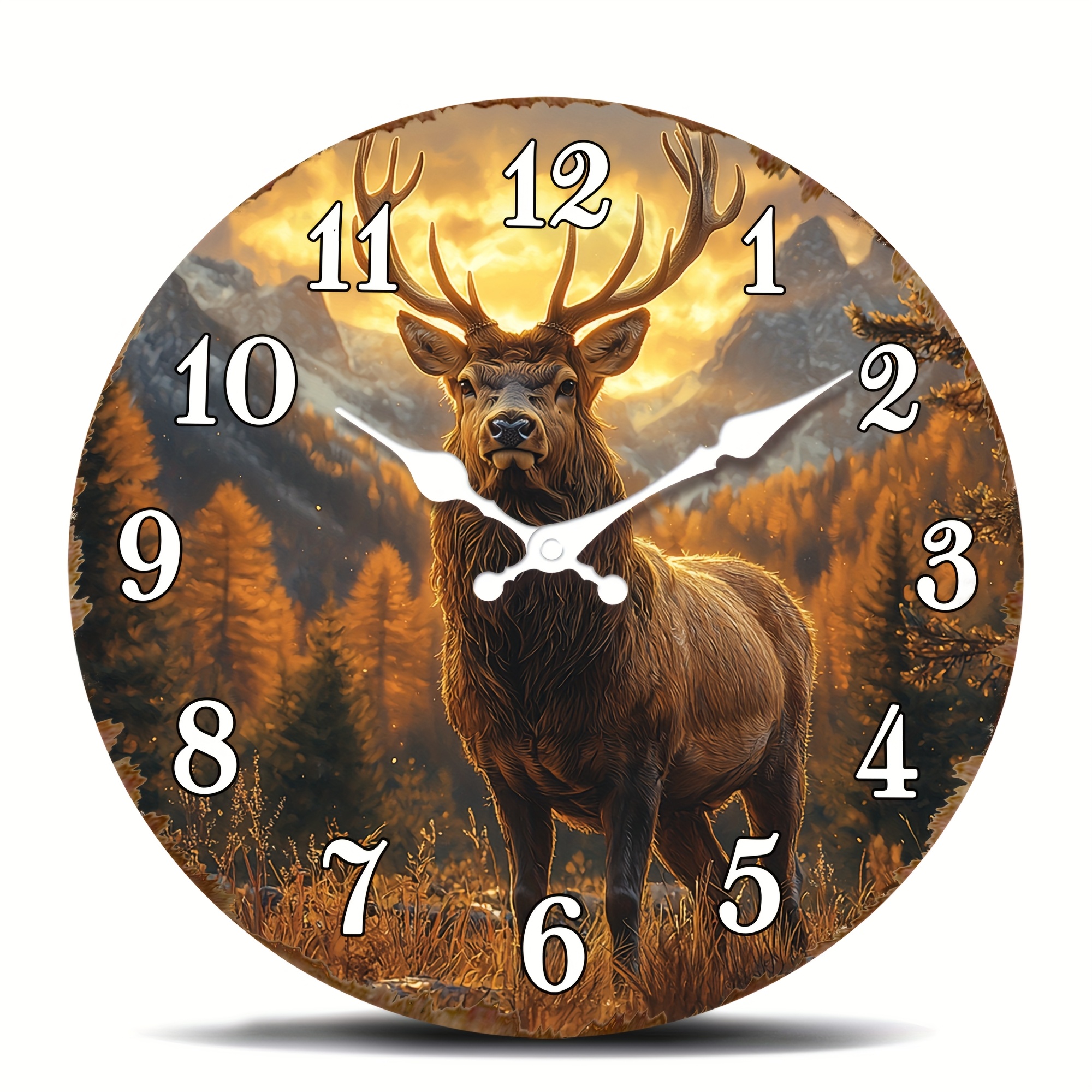 TEMU 1pc Wooden Wall Clock Retro Style Elk In A Forested Mountain Setting Round Silent Clock For Living Room, Kitchen, Bedroom, Room Thanksgiving,