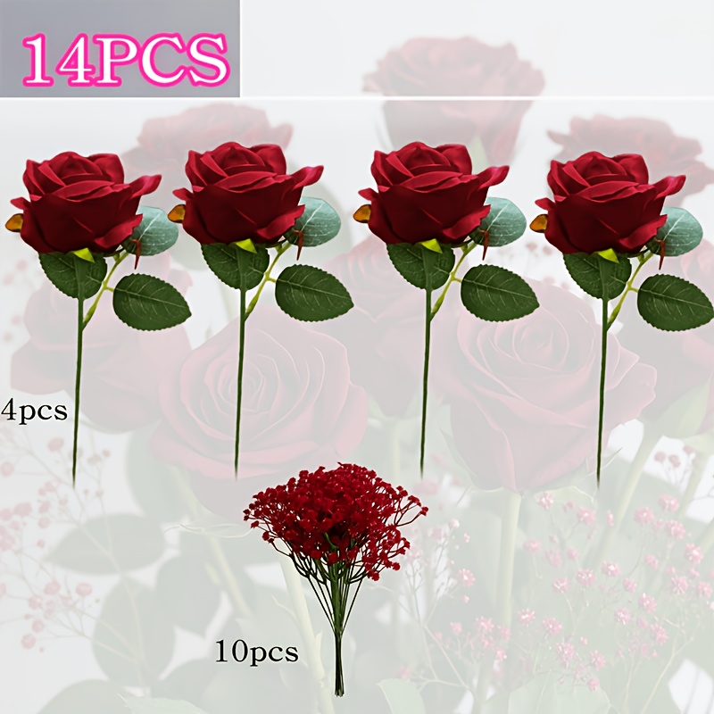 TEMU 14-stem Bouquet - Realistic Artificial Roses And Baby's Breath, Multi-colored Long-stem Fake Flowers With Vibrant Mixed Hues And Natural Leaves.