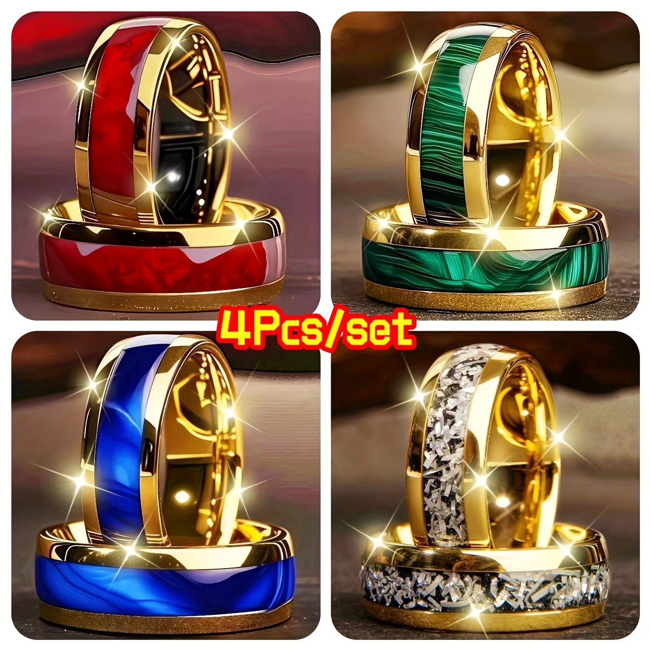 TEMU A Set Of 4 Elegant Rings For Men, Featuring A Stylish -tone Colors Including Golden, Blue, Green, Red, Black, And White With Marble Accents.