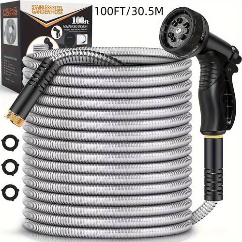 100ft 75ft 304 stainless steel garden hose heavy duty lightweight kink free pet proof with high pressure nozzle all weather 40 f to 120 f 3 4 brass connectors outdoor yard garden use yard watering system brass connector