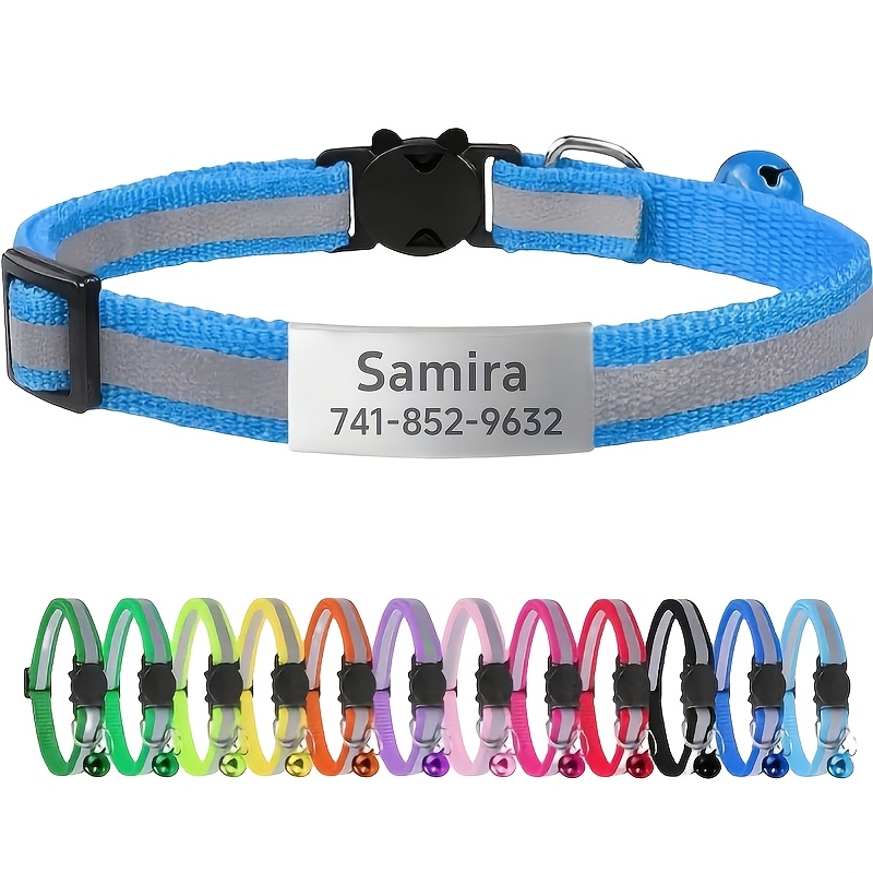TEMU Collier de sécurité réfléchissant personnalisé pour chat avec clochette - Collier à boucle réglable pour chaton, nom de l'animal et numéro de