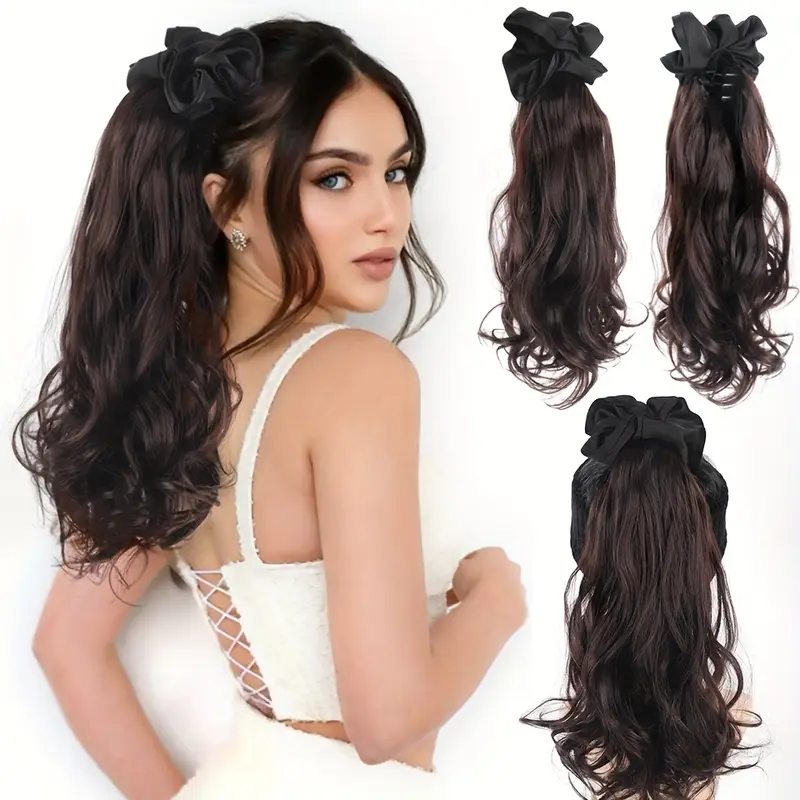 16 inch elegant black wavy claw clip ponytail hair extensions for women high temperature fiber synthetic ponytail with black headband weddings formal event details 0