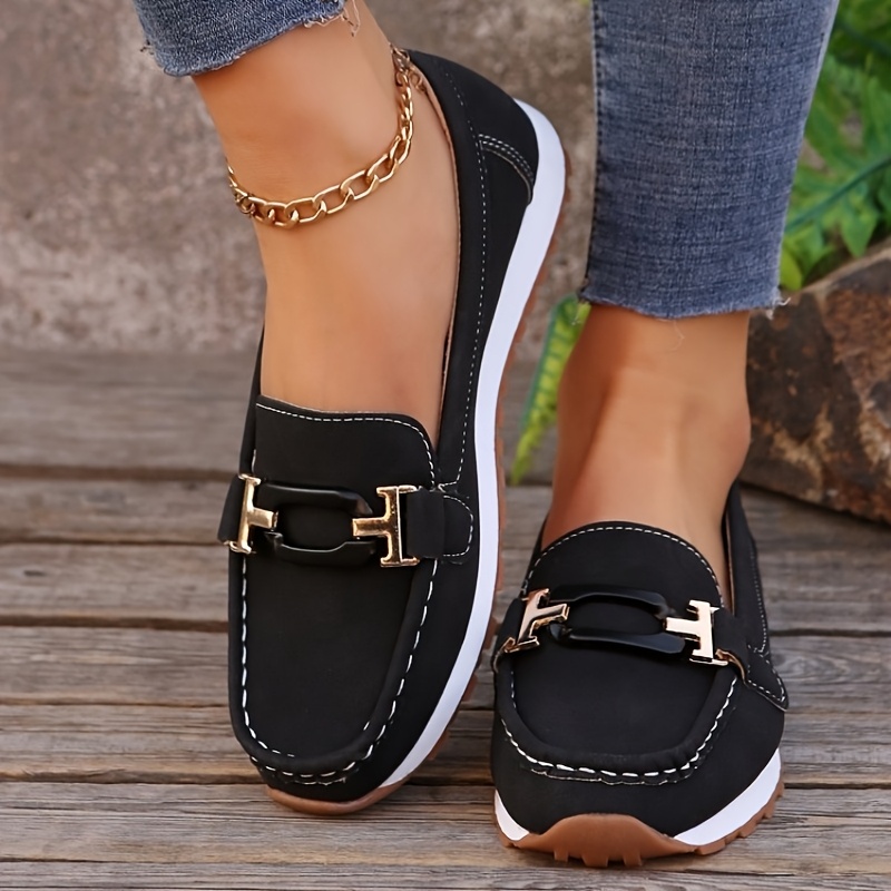 item picture womens casual slip on loafers black   cover with golden metal   round toe non slip rubber sole comfortable   flats for work shopping and casual attire casual footwear golden   accent synthetic cover shoes ladies shoes wide width