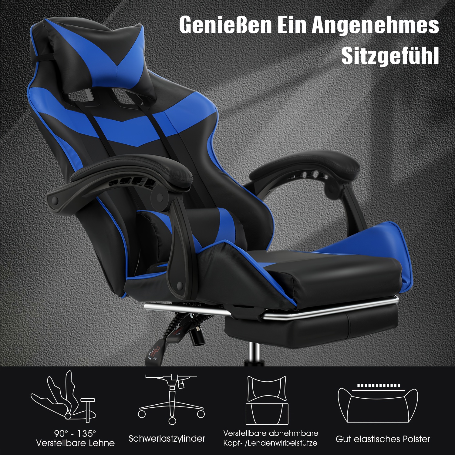 Ergonomische gamingstoel met lendensteun, hoofdsteun en voetensteun