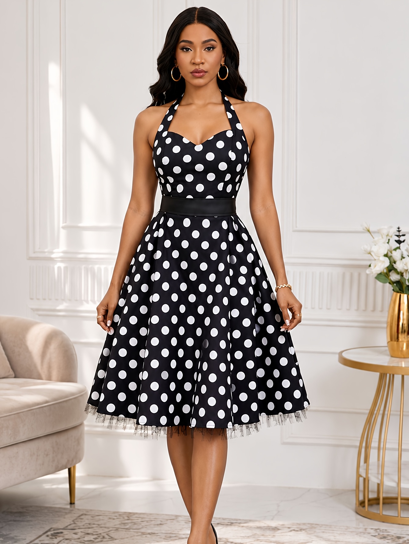 60 dresses black and white Plus Size 60's Vintage Black and White polka Dot Belted Bow Swing Party Dress US26 (EU28) / Black main image 1