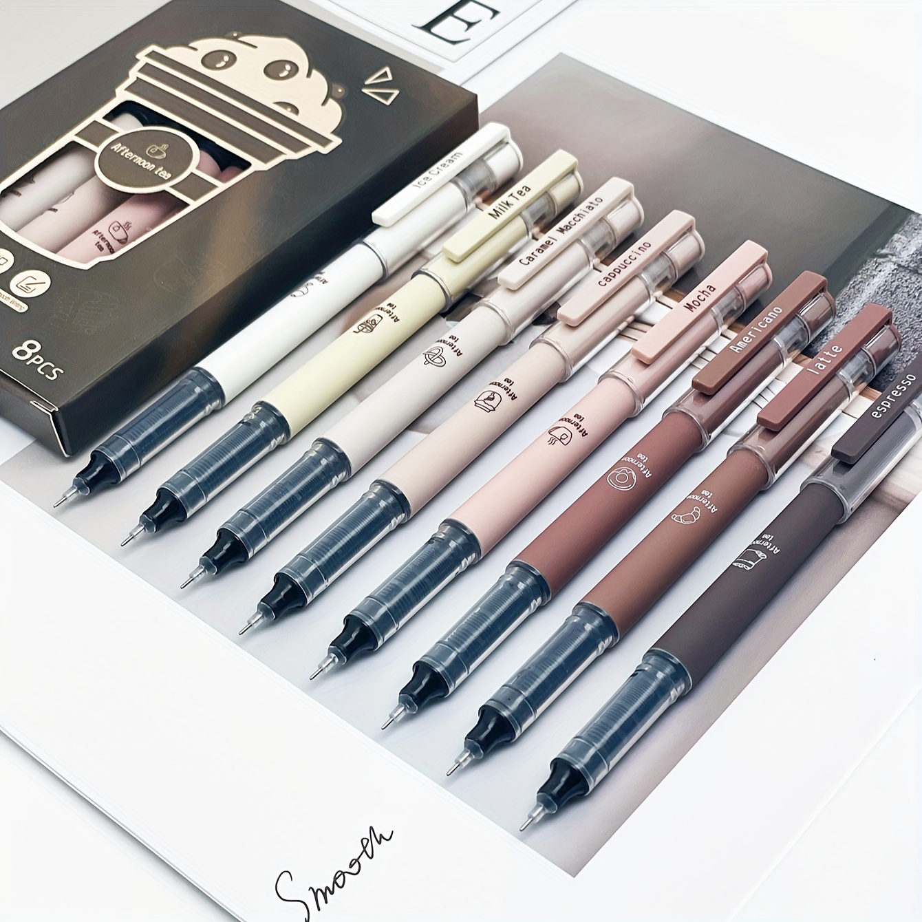 6pcs/8pcs Coffee Theme Liquid Quick-Drying Ink Gel Pens, No smear Soft Touch Pens for Note taking Drawing School& Office Supplies