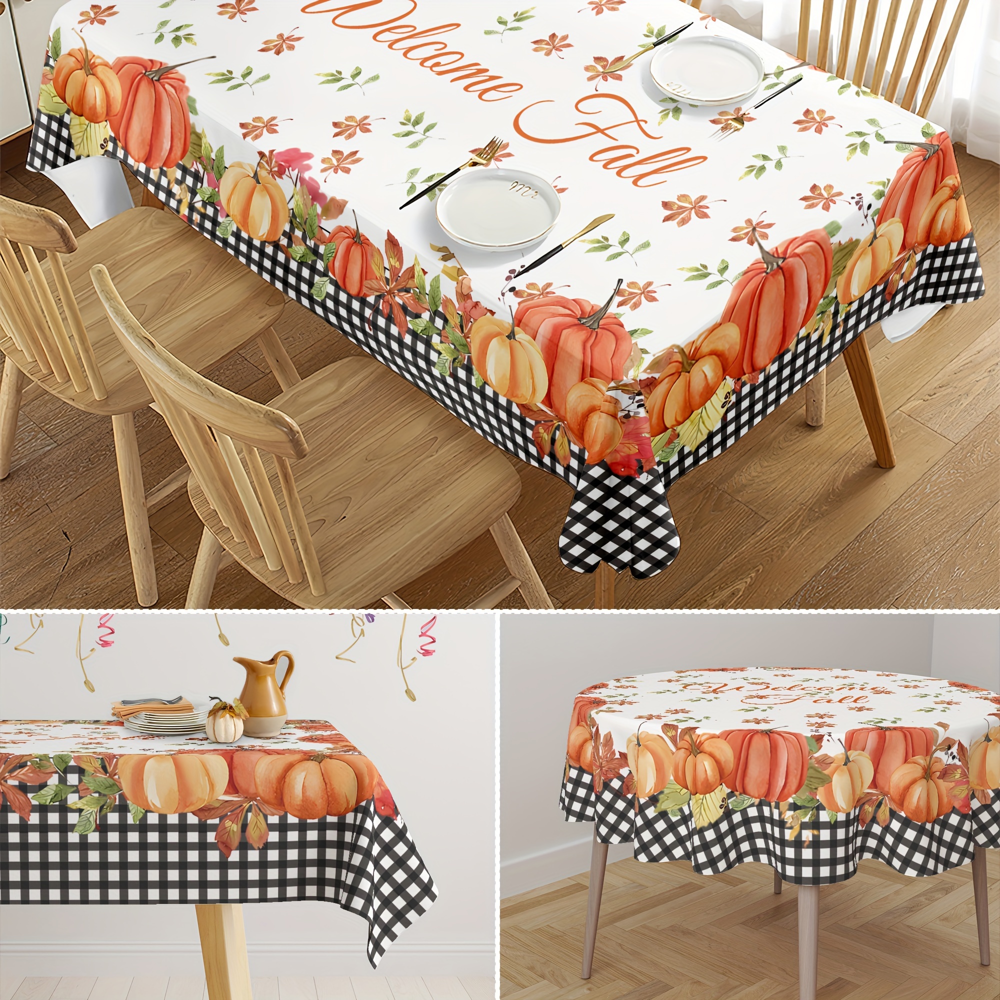 

Festive Fall Tablecloth: Checkered Pumpkin And Maple Leaf Design, Polyester, Machine-made, Suitable For 4-6 Seats, Washable, Perfect For Thanksgiving And Autumn Decorations