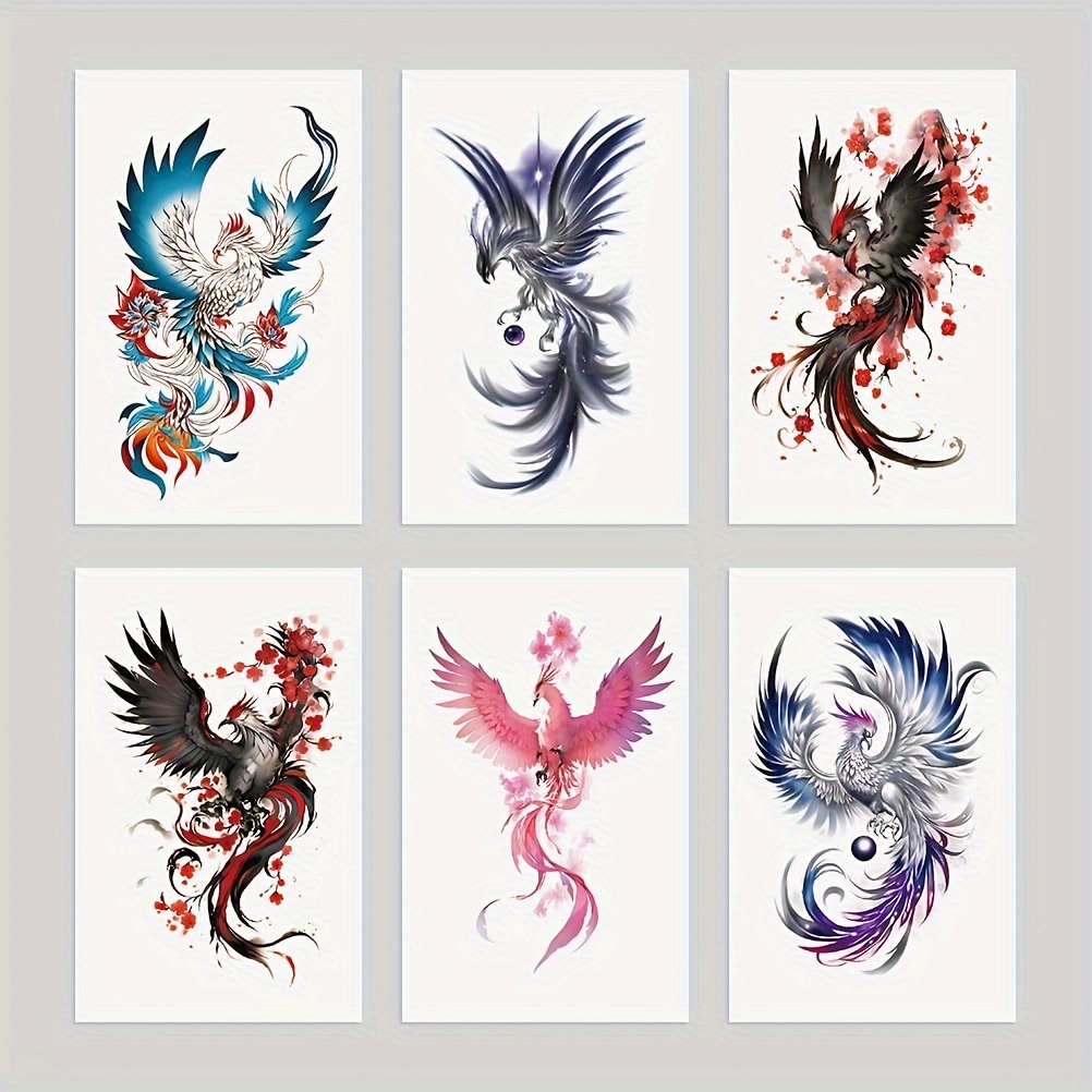 Image of Phoenix Temporary Tattoos Set Of 6, Waterproof Large Arm Sleeve Tattoo Stickers, Multicolor Flying Phoenix Designs For Fashion & Parties