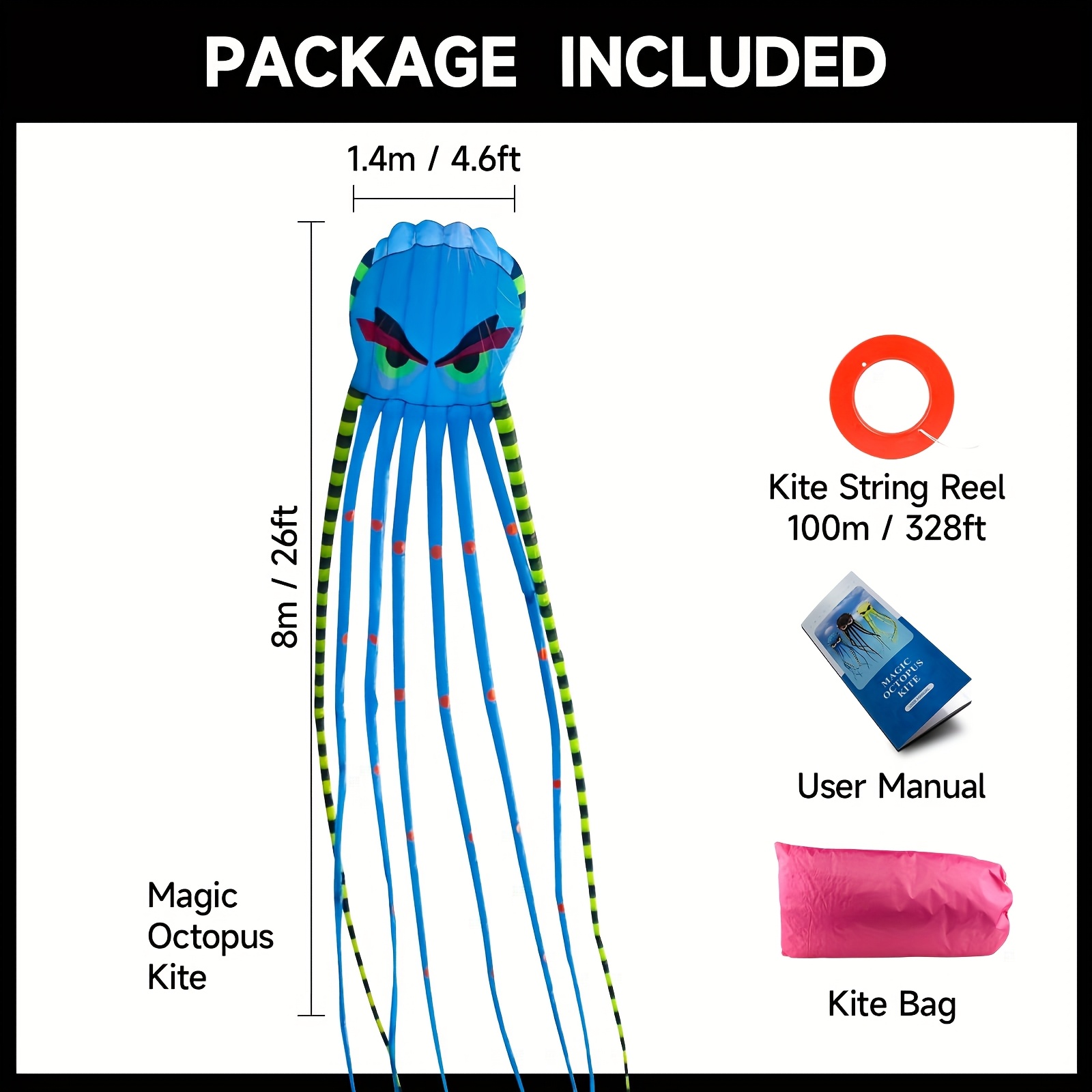 TEMU 26ft Octopus Kite With Reel - , Designs, Large Beach Kite For & Adults, Outdoor Fun, Family Games, And Activities