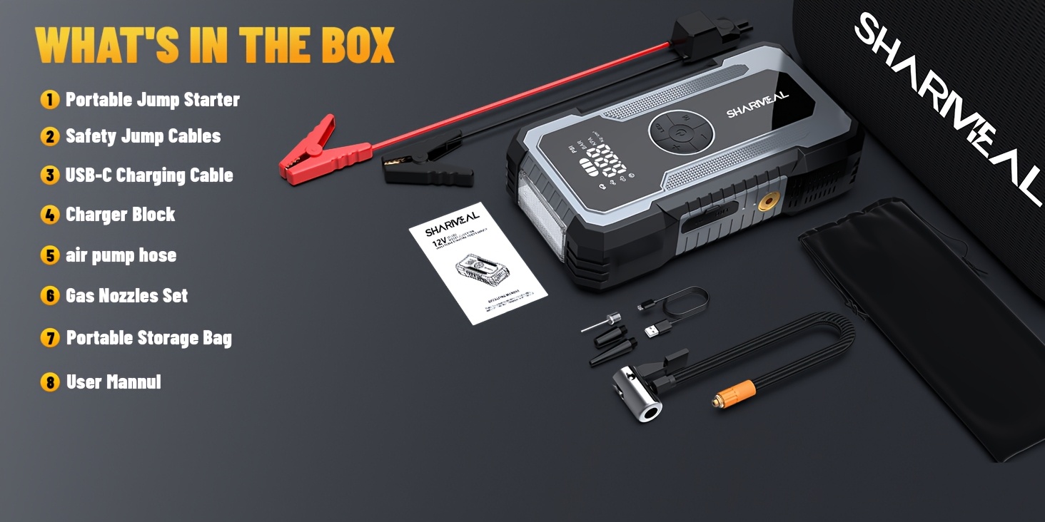   2025   gl902 car emergency   starter with air compressor   peak 150psi inflation for 9 0  8 0l diesel 12v battery booster with large display multi function car emergency power supply details 4