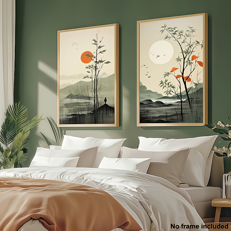 TEMU 2d Flat, 2pcs Set, Frameless 2d Canvas Art Print - Sage Green Japandi Wall Decor, - Home Decoration, Abstract Bohemian Style Prints, 2d Flat,