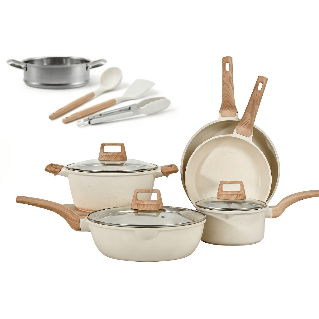 12pcs Nonstick Cookware Set - White Granite Finish, Suitable for Induction/gas