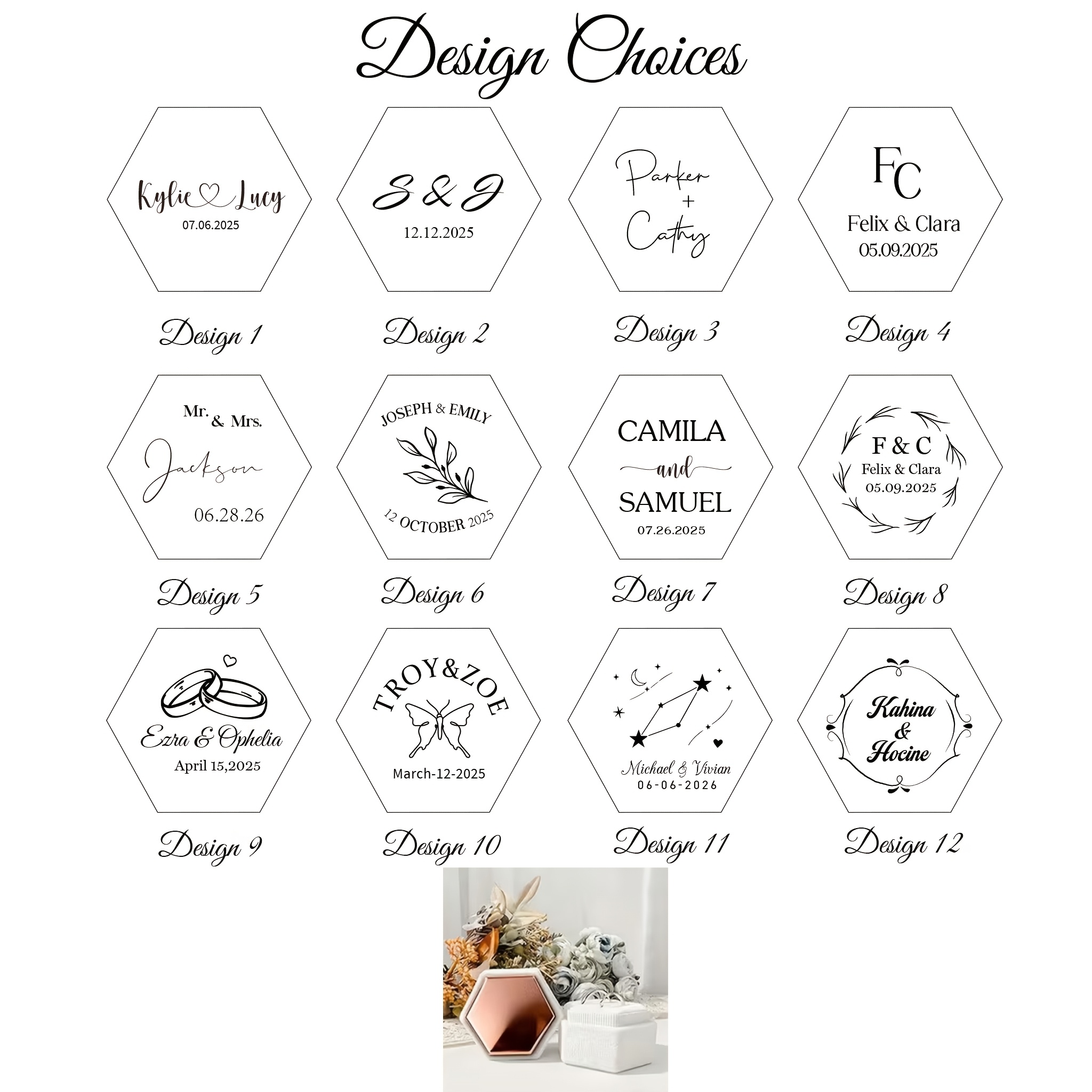 Personalized Hexagonal Velvet Ring Box, Custom Name and Date