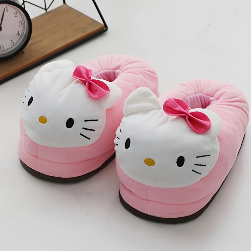 

Sanrio Hello Kitty Plush Slippers, Comfortable Cartoon Animal Print, Winter Style, Pink Fluffy Kt Cat Home Shoes, Hand Washable Fabric Upper/inner With Eva Sole