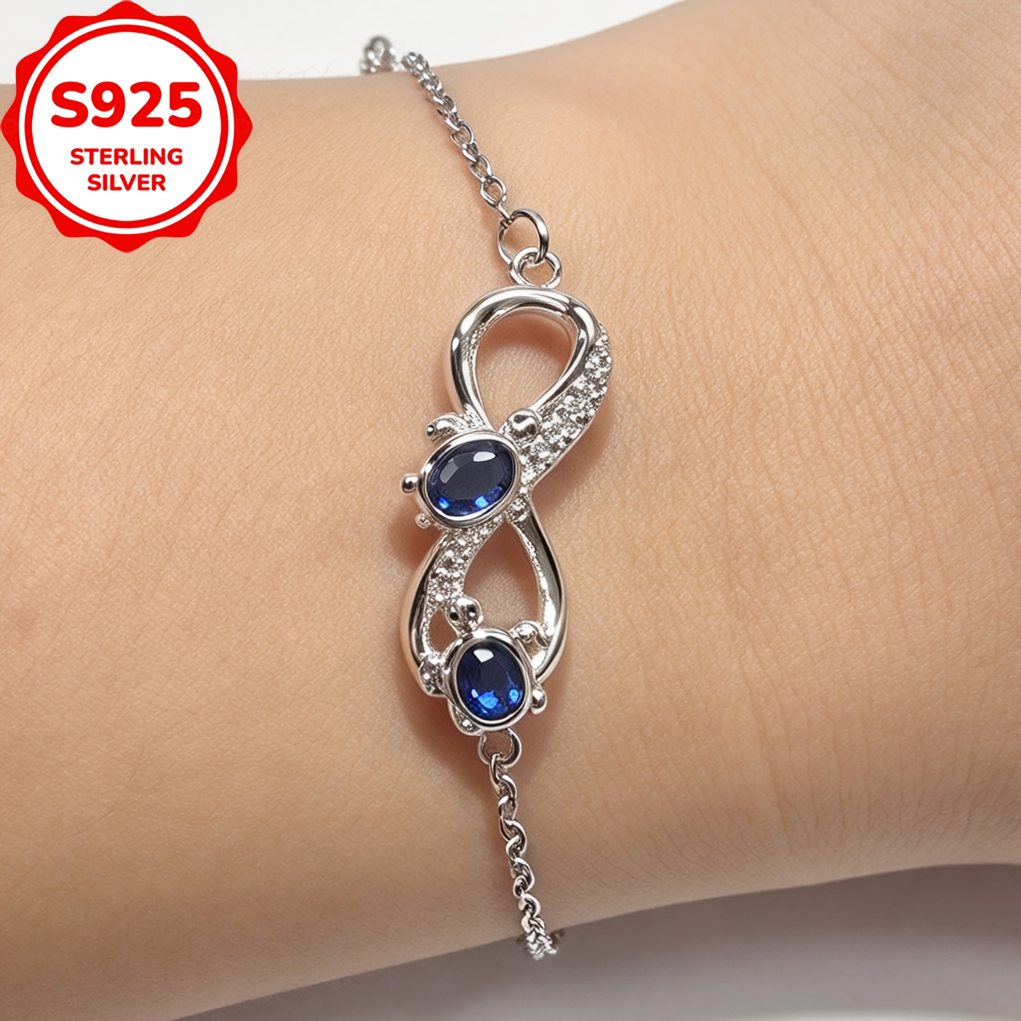 S925 Silver Infinity Symbol Blue Zirconia Bracelet, Adjustable