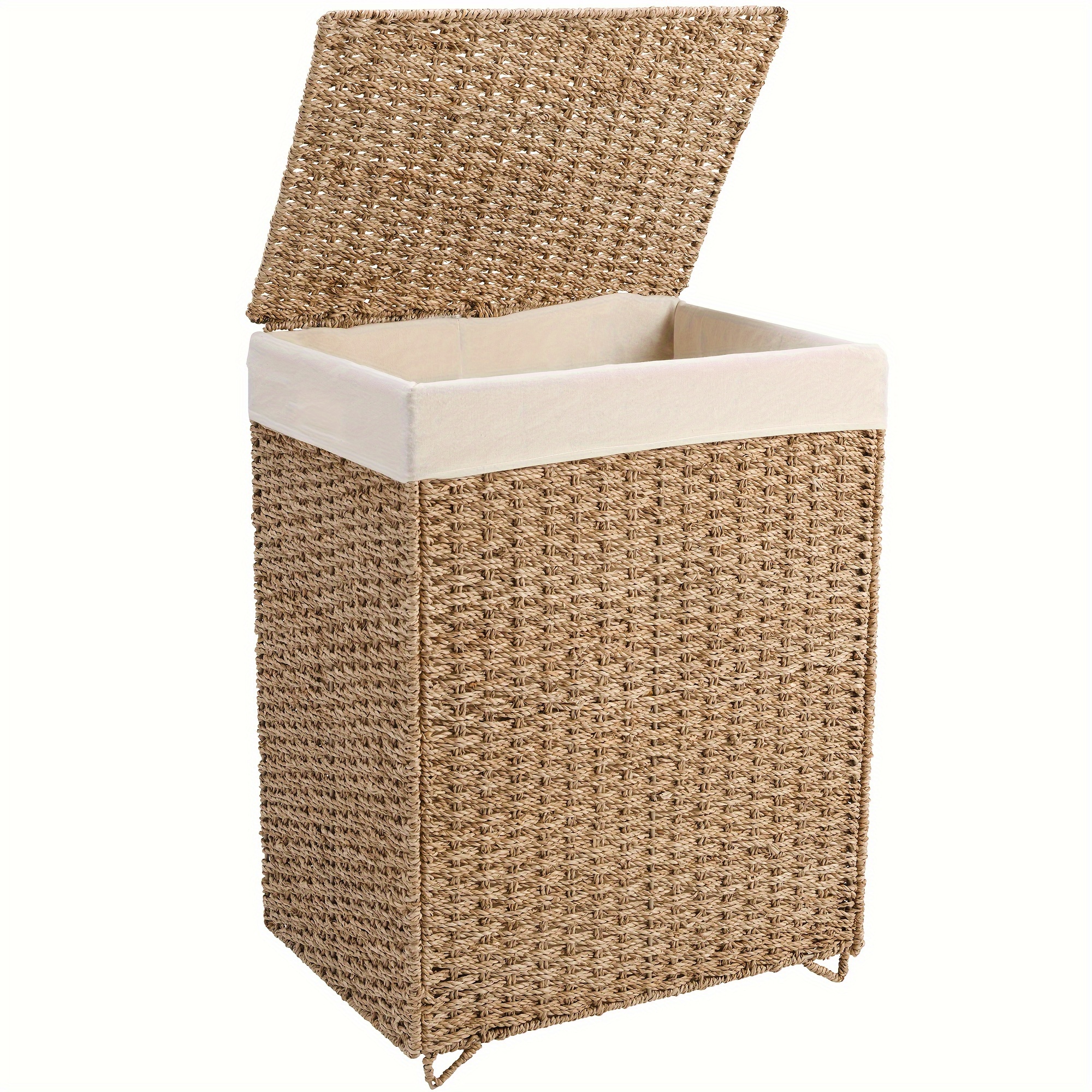 

90l Laundry Hamper With Lid - 23.8 Gal Natural Seagrass Hand Woven Laundry Basket Organizer With Removable Liner, Foldable Rattan Clothes Hamper Toys Storage Bin For Bathroom, Bedroom