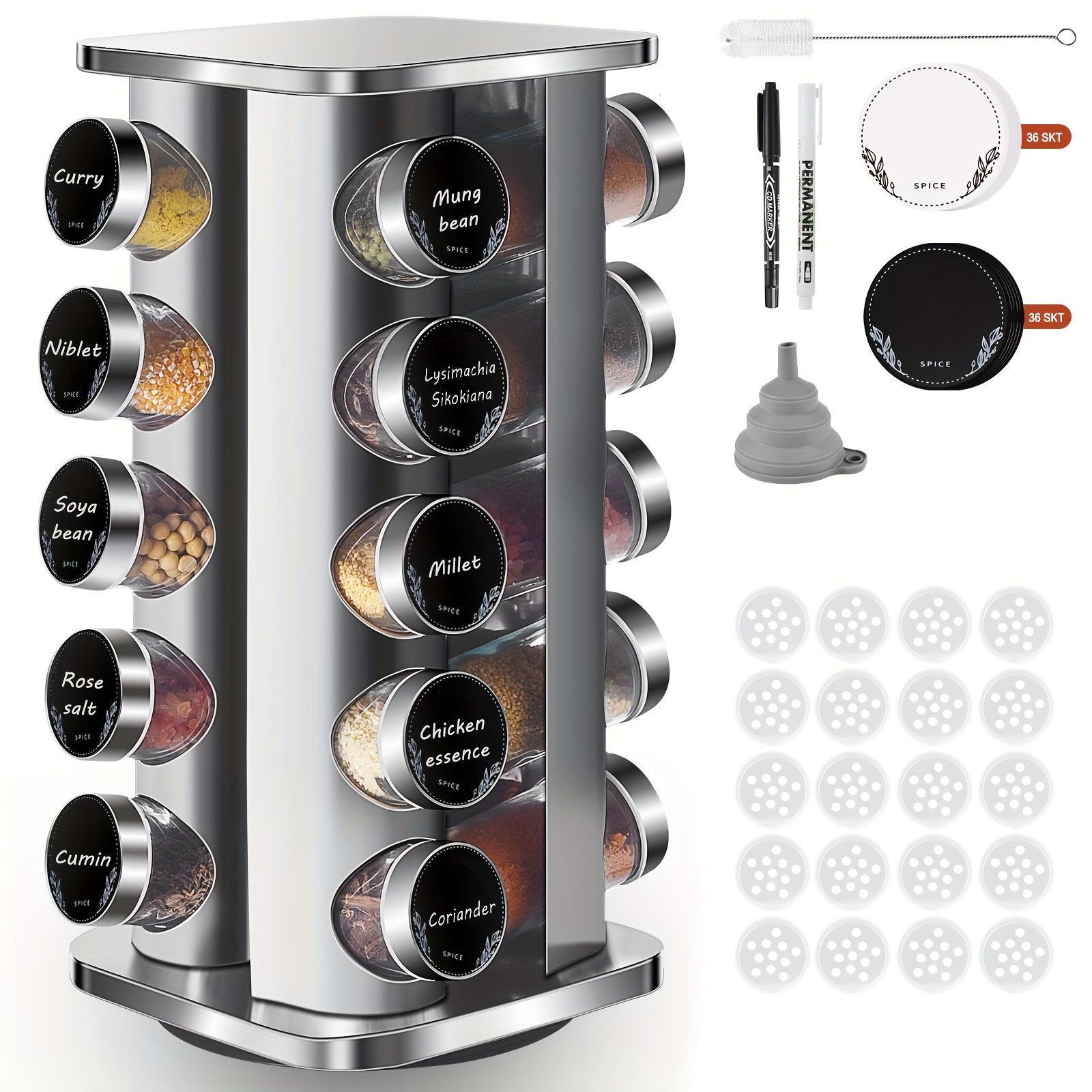 

A Miorkly Square Spice Rack With 20 Round Spice Jars, A 360° Rotating Stainless Steel Spice Turntable, A Spice Storage Box, A Vertical Spice Rack, Spice Jars With Sprinklers, Spice Jars