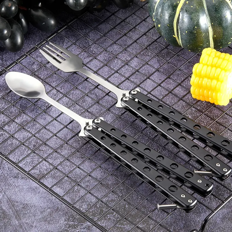 2pcs fork and spoon set stainless steel folding utensils with ergonomic handles compact travel for camping hunting durable portable black camping essentials sleek metallic metal Product details 1