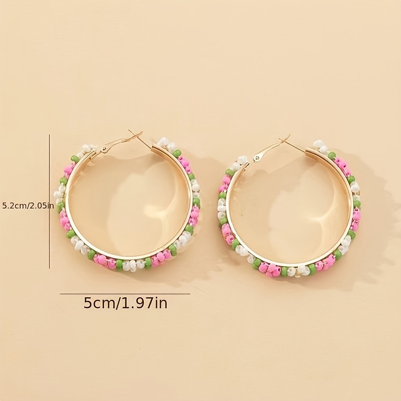 Boho Beaded Hoop Earrings Set, Handwoven Flower Ear Needle