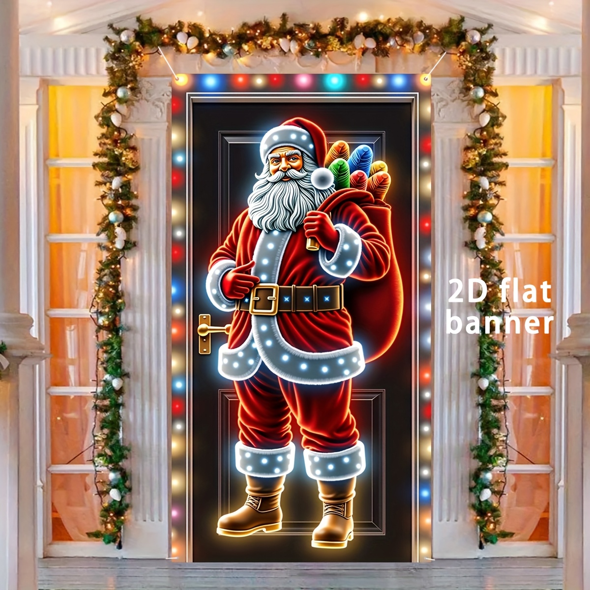 TEMU 2d Flat, 2d Door Banner, 2d Flat Banner, 1pc, Christmas Decorative Door Flag, Porch Hanging Banner With Neon Santa Design, Durable Polyester