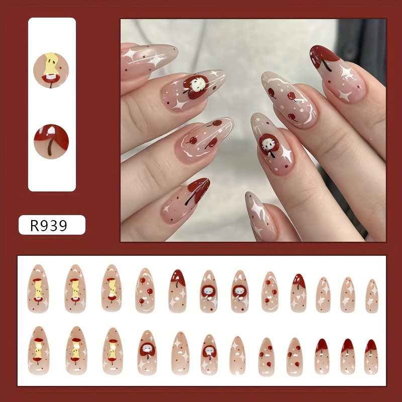 TEMU Summer Fruit Starry Cute White Fake Nails, 24pcs Removable Nail Set