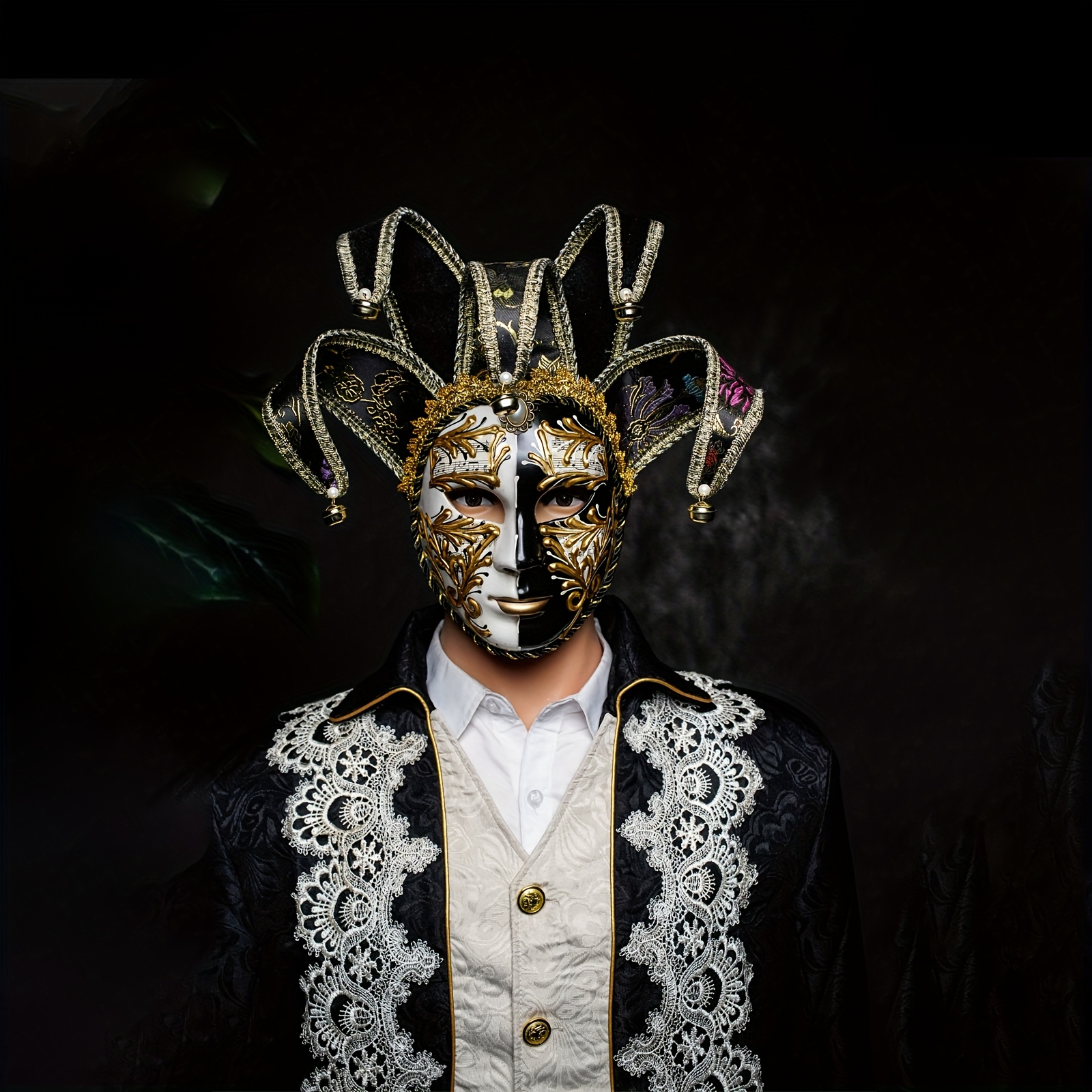 1pc Elegant Italian-Style Venetian Mask with Golden Accents - Luxurious Black & White Intricate Design, Perfect for Halloween, Christmas, and Masquerade Parties, Masquerade Mask | Intricate Mask | Detailed Craftsmanship, Venetian Mask