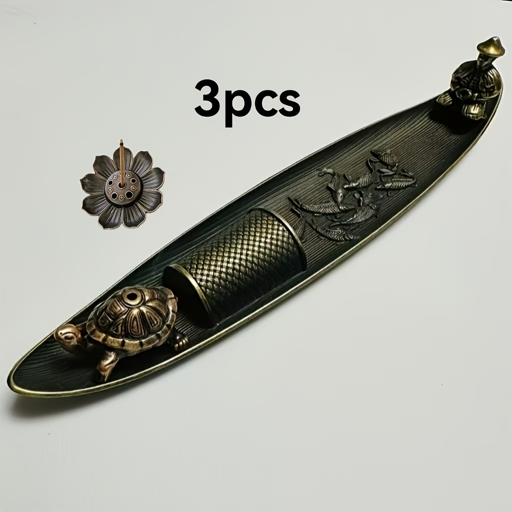 TEMU 3pcs Incense Holder Set, (fishing Boat+lotus+turtle) Straight Hole, Perfect For Home Decoration During Holidays Such As Christmas, Halloween,