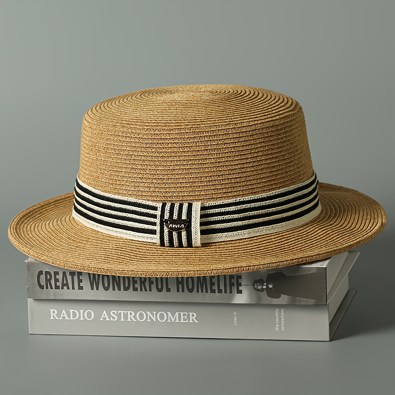 new straw hat womens spring summer french flat top bowler Temu