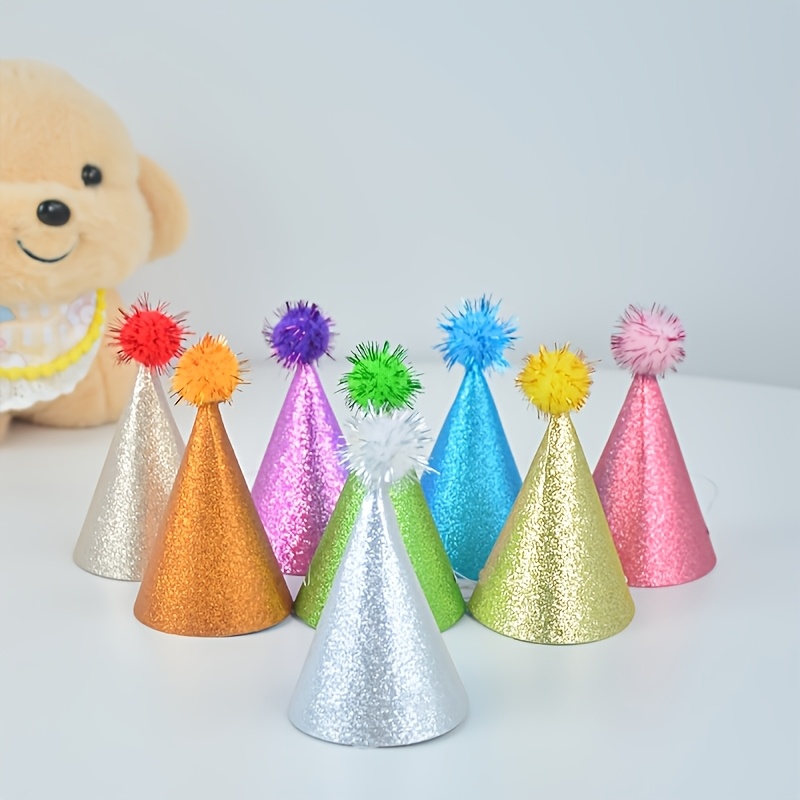 TEMU 4-pack Random Glitter Party Hats With Pom-poms, Pet Queue Hats, Dog Birthday Hats, Pet Photo Props, Colorful Glitter Pointed Hats, Suitable For