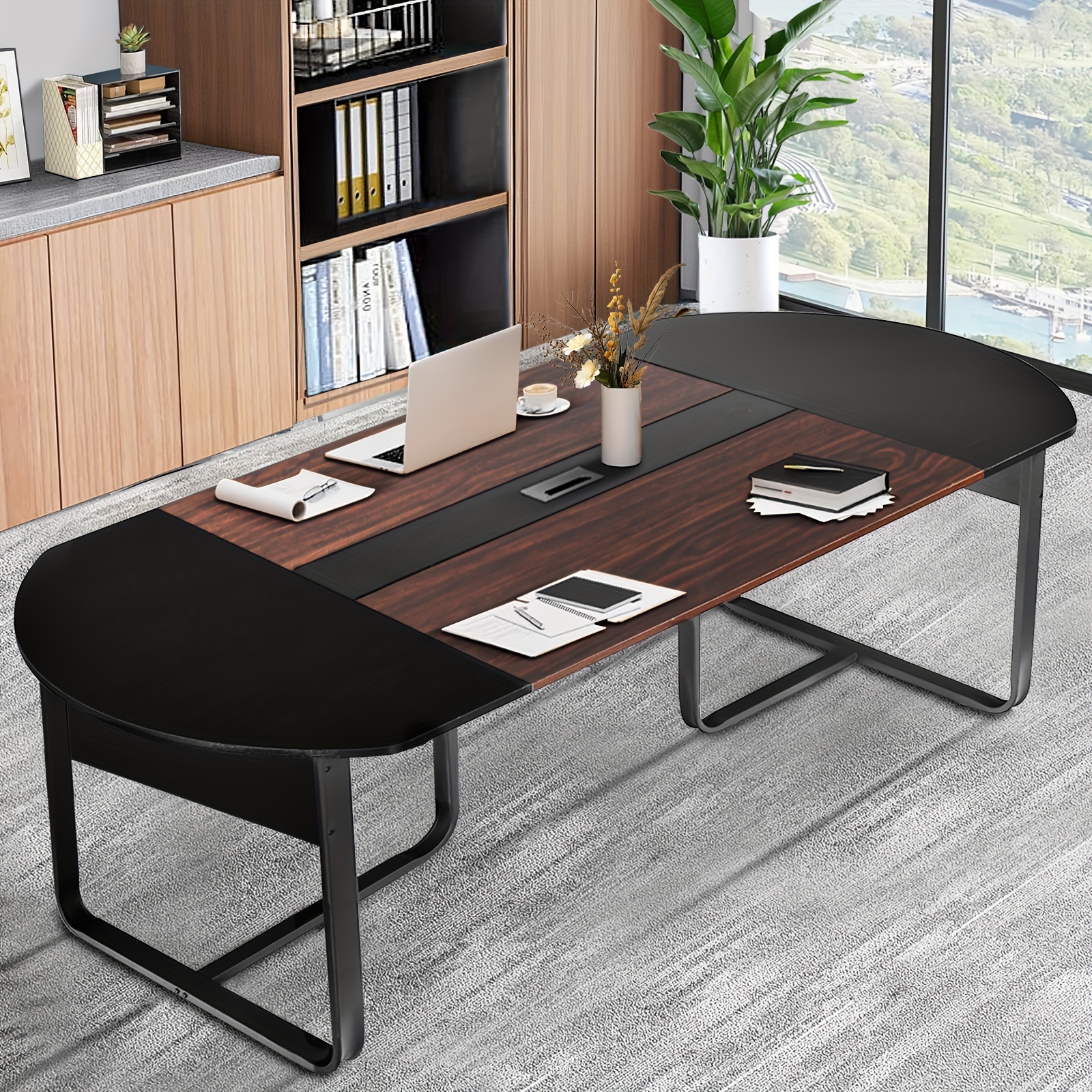 

8ft Conference Table, 94.5" L .3" W X " H Curved Meeting Table For Office With Rectangle Grommet, Modern Table For Office, Large Business Training Table, & Black