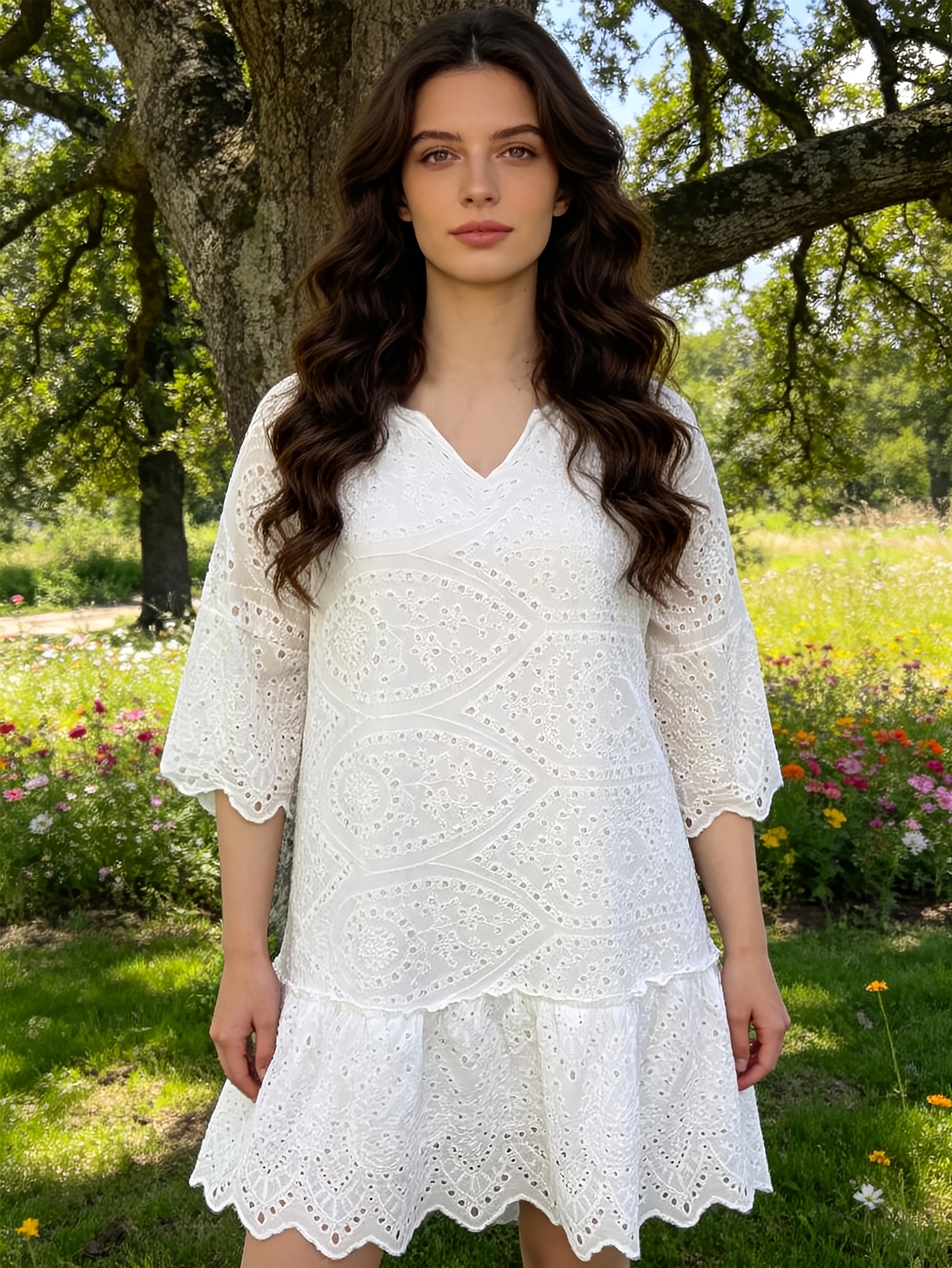 knee length dresses for ladies Like An Angel Long Sleeve Lace Dress White main image 1
