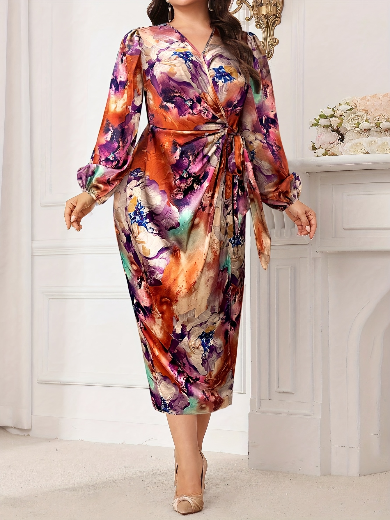 plus red printed satin long sleeve wrap dress PrettyLittleThing Plus Red Printed Satin Long Sleeve Wrap Dress Size L /111